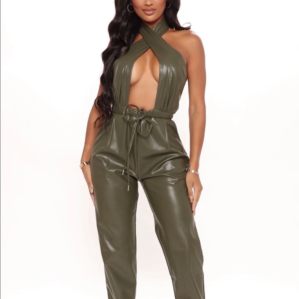 Keep up faux leather jumpsuit fashion nova